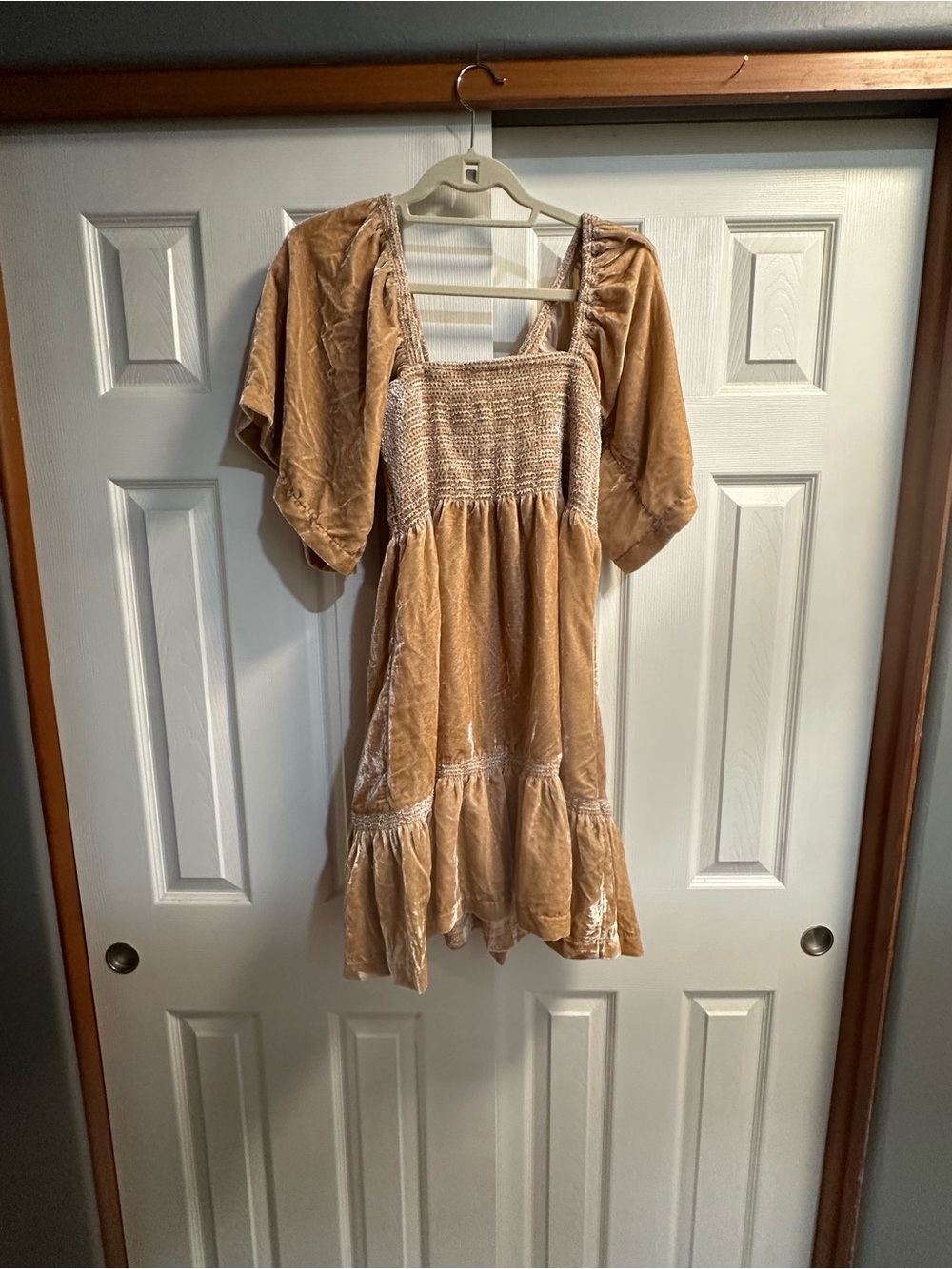 Free People Velvet Smocked Mini Dress in Camel Tan